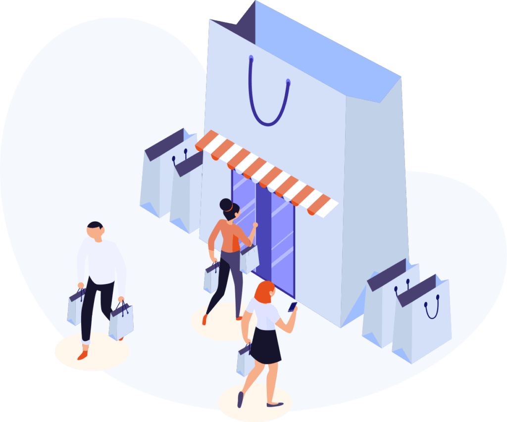Illustration of a store shaped as a bag with people walking in and out of it
