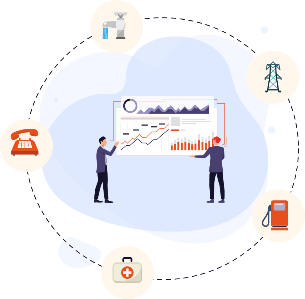 Illustration of two people looking at a whiteboard with graphs and charts on it surrounded by a cicle with the image of a phone, first aid kit, fuelpump, faucet and a pylon