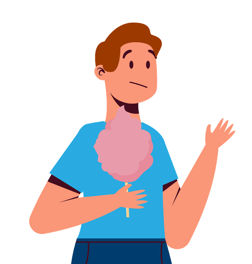 Illustration of a man wearing a blue t-shirt holding cotton candy