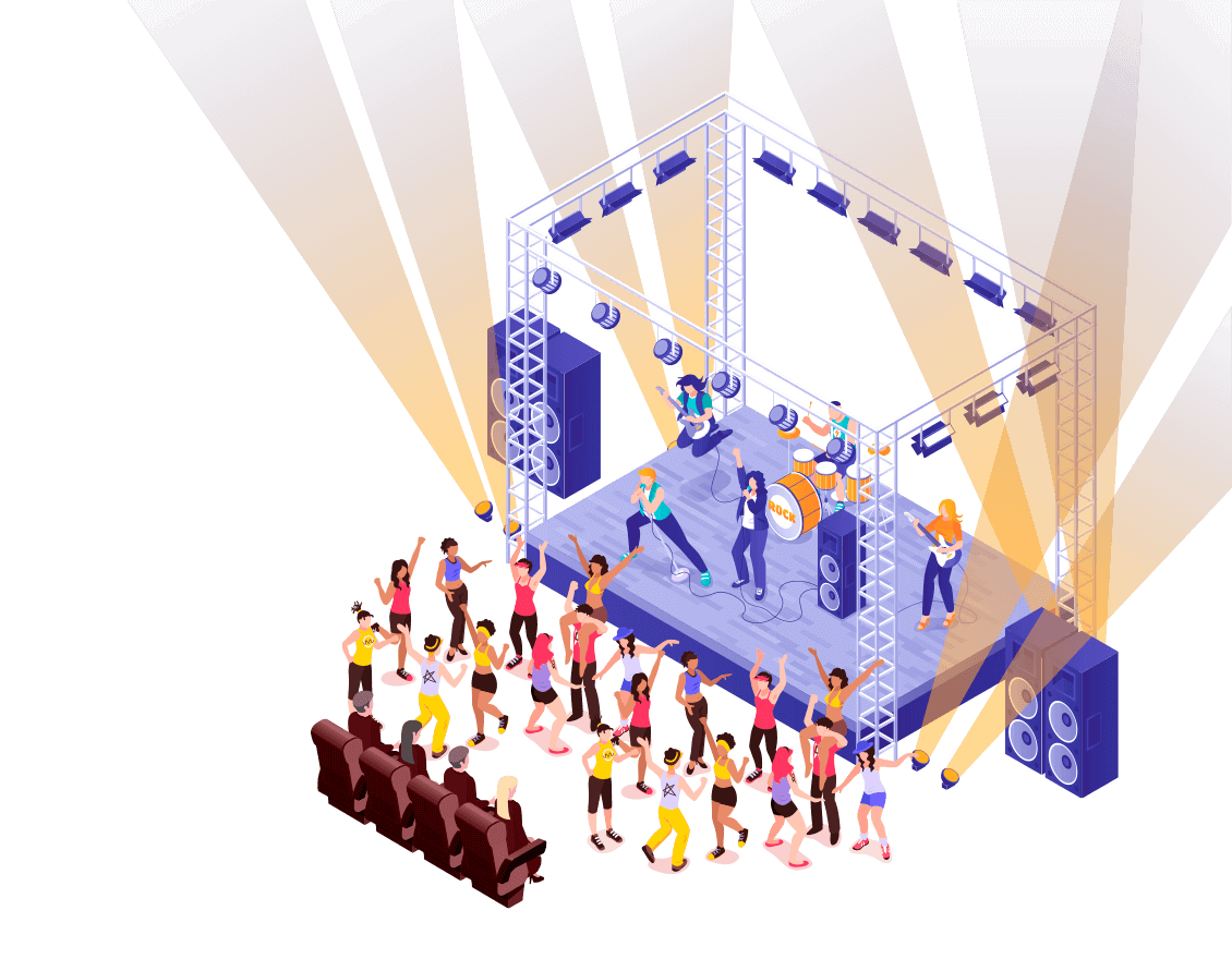 Illustration of a rock consert with a band playing on stage and a bunch of people dancing in front of it
