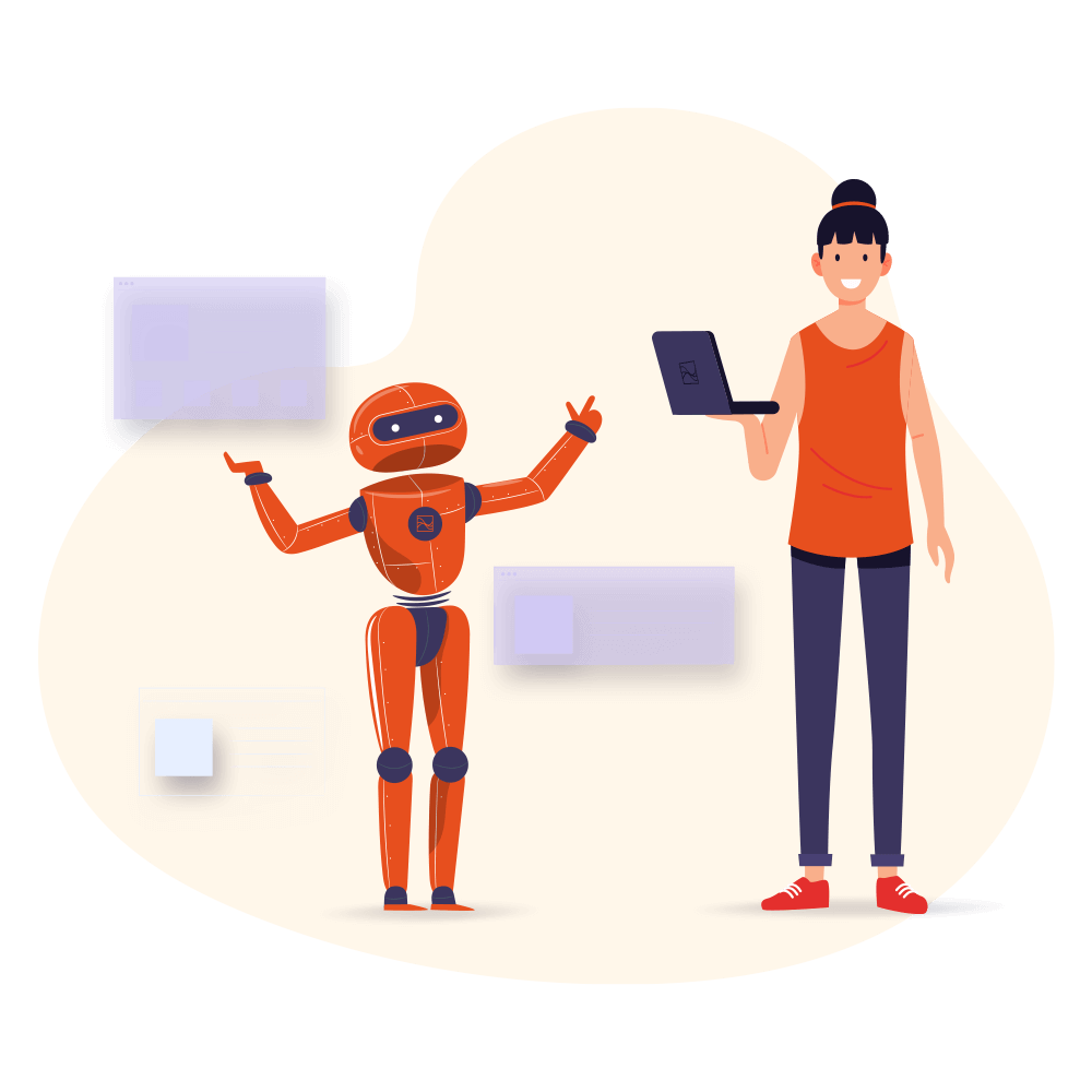 Illustration of a woman holding a laptop and a robot standing next to her