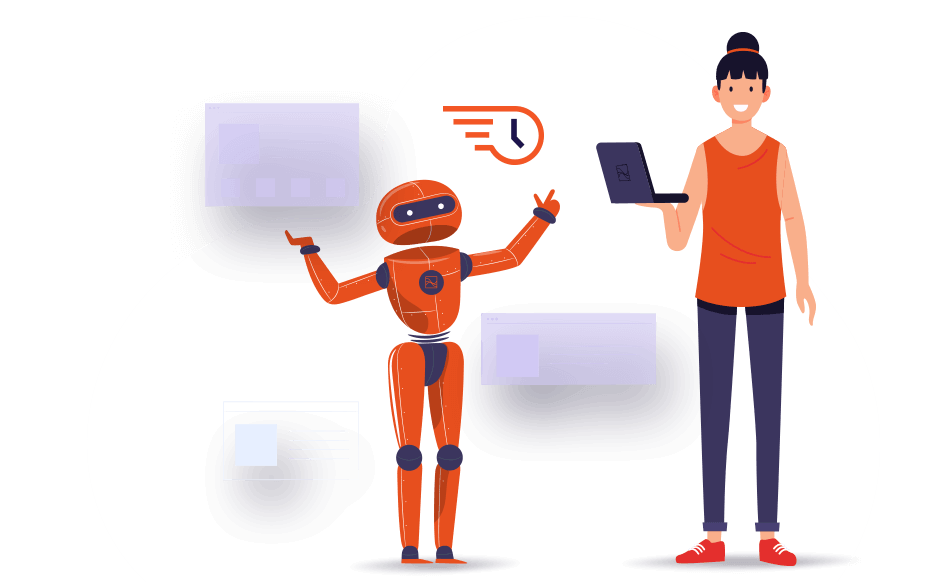 Women holding a laptop next to a orange robot