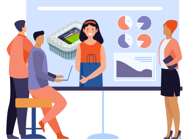 Illustration of a group holding a meeting presenting graphs, pie-charts and numbers