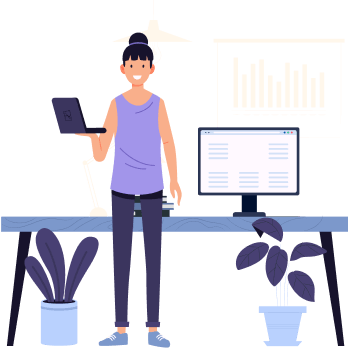 Illustration of a woman holding a laptop standing in front of her desk where a monitor is placed