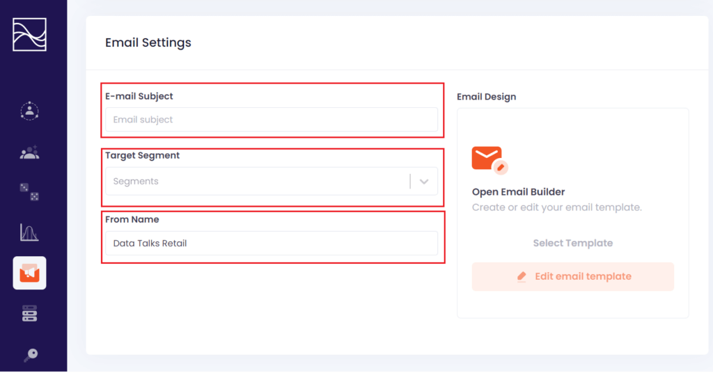 Email Builder Data Talks, email settings section