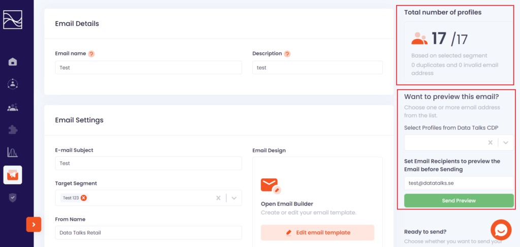 Email Builder Data Talks, total number of profiles reached by email campaign