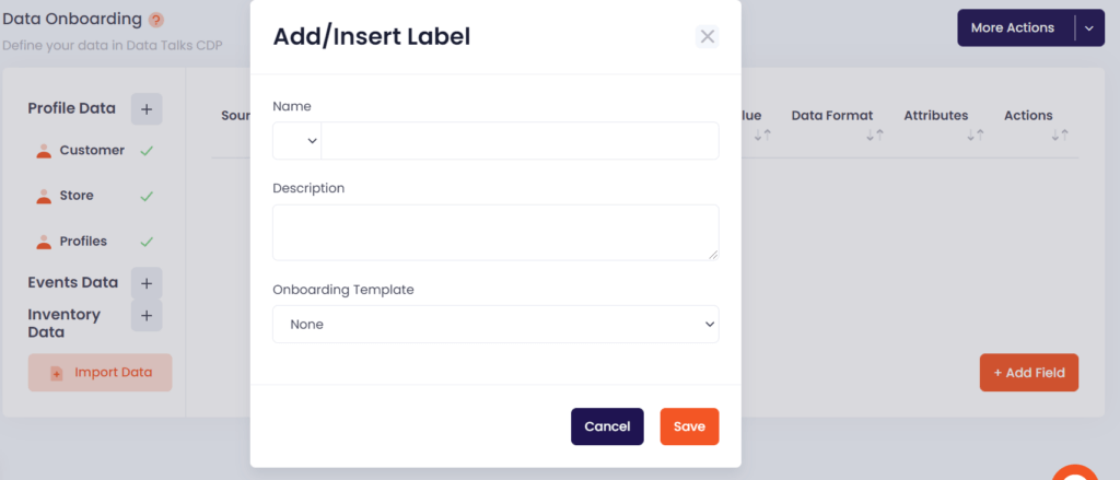 Data onboardin documentations Data Talks, add or insert label