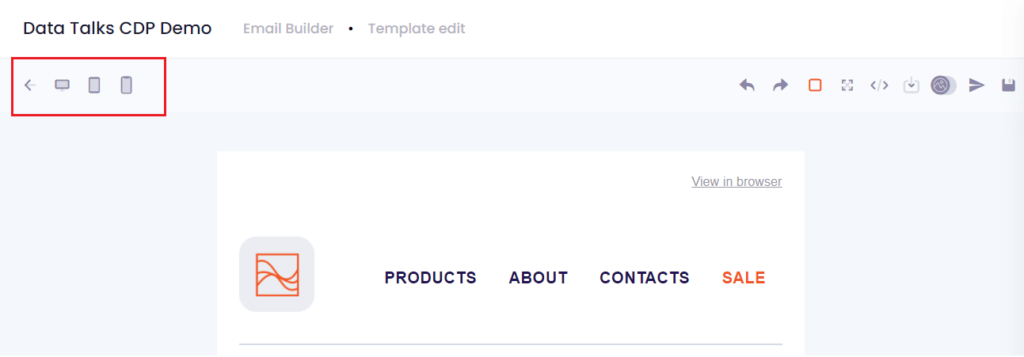 Email Builder Data Talks, quick functions in the navigation bar in the template design tool