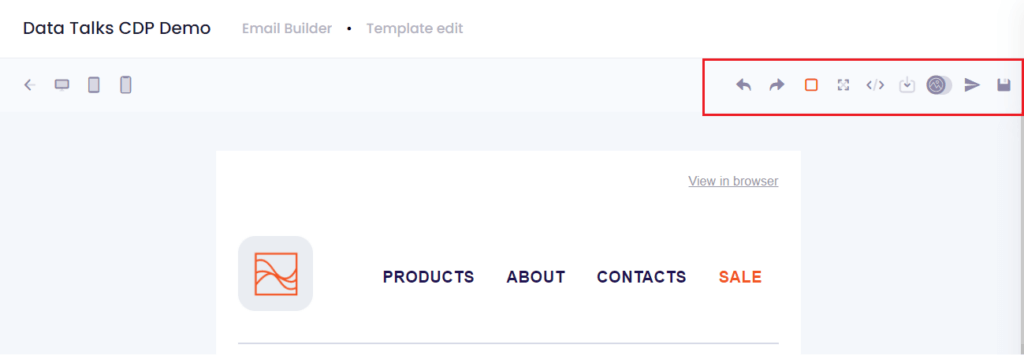 Email Builder Data Talks, functions in the right side bar in the template design tool