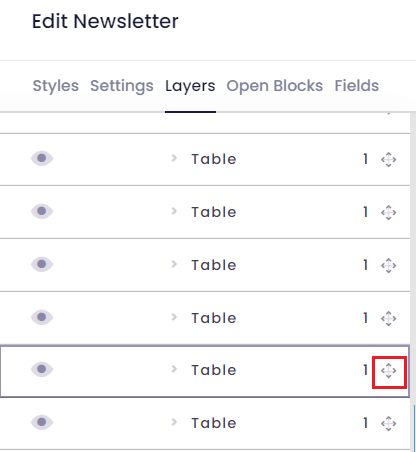 Email Builder Data Talks, layers tab in the template design tool 