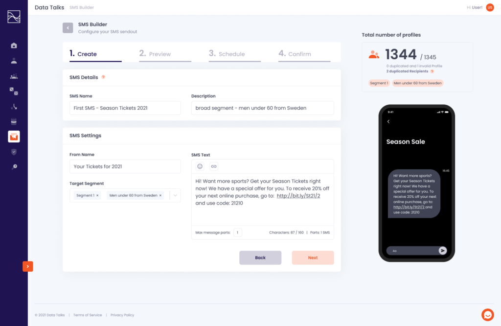 Data talks CDP demo SMS builder create