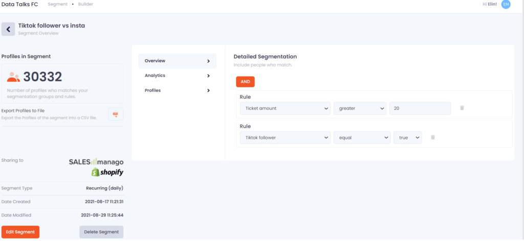 Data Talks Segment Builder, the section segments list overview