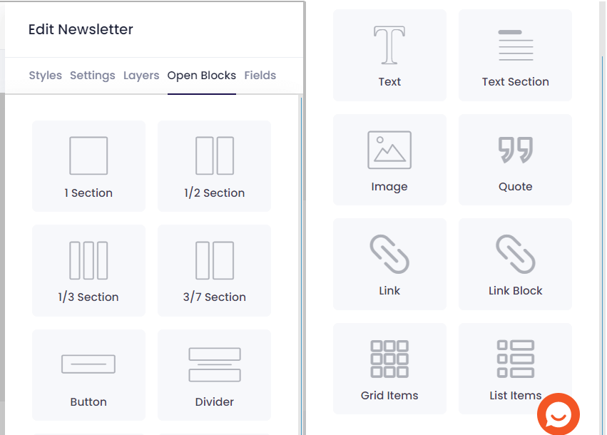 Email Builder Data Talks, the open blocks tab in the template design tool