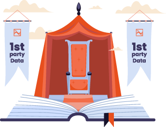 A throne inside of a tent standing on top of an open book