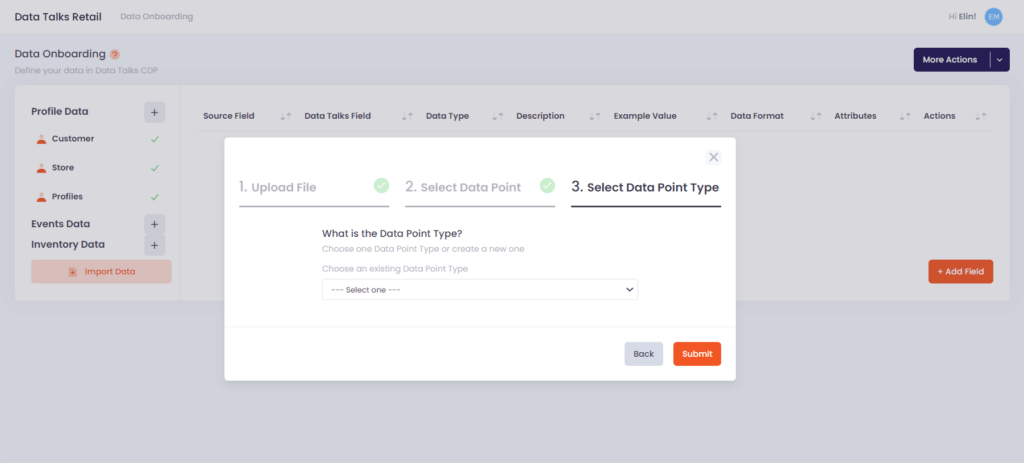 Data onboardin documentations Data Talks, select data point type