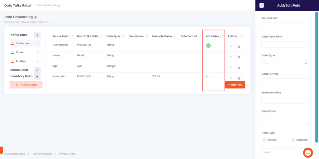 Data onboardin documentations Data Talks, add and edit fields 