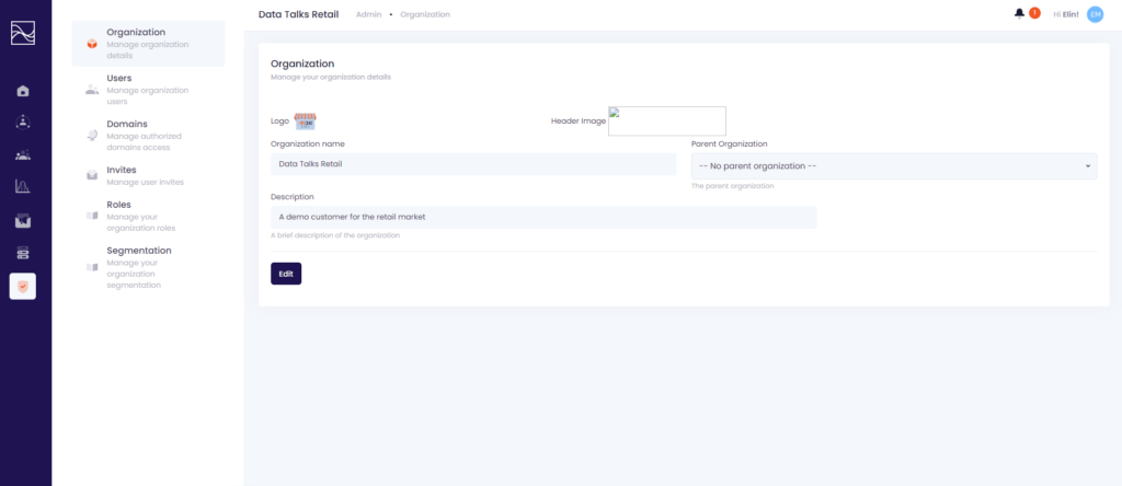 Data Talks Admin, manage your organitations details under the Organization Page