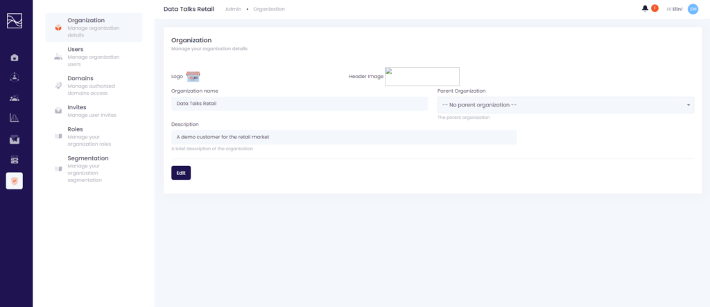 Data Talks Admin, manage your organitations details under the Organization Page 