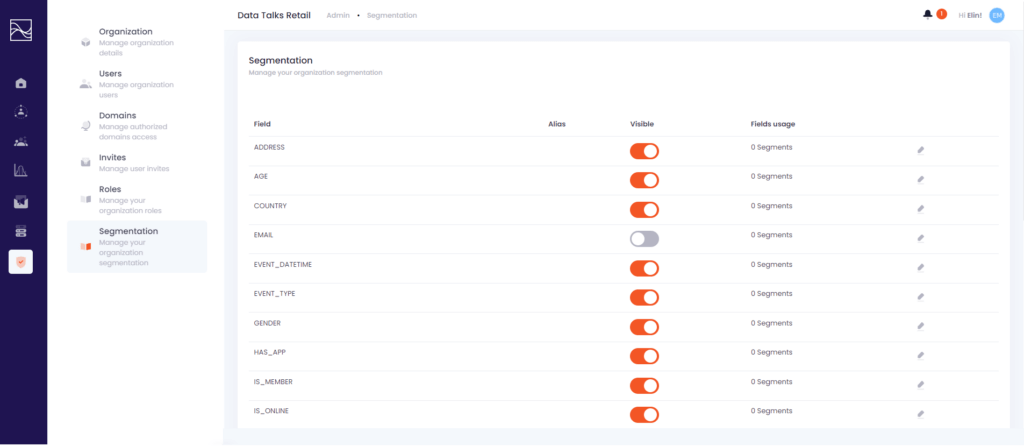 Data Talks Admin, enable and disable attributes for users in the segmentation page