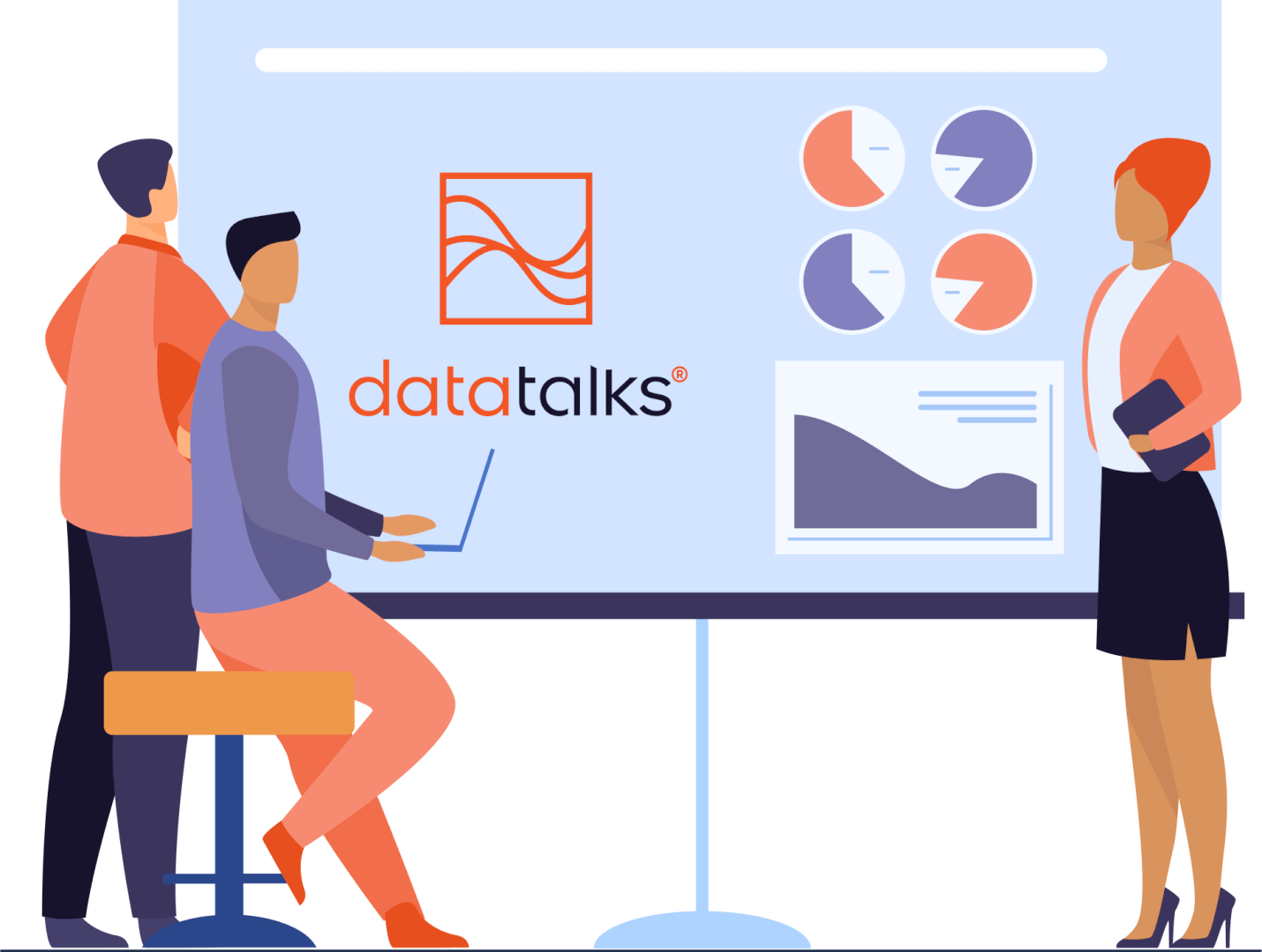 Three people having a meeting about data talks