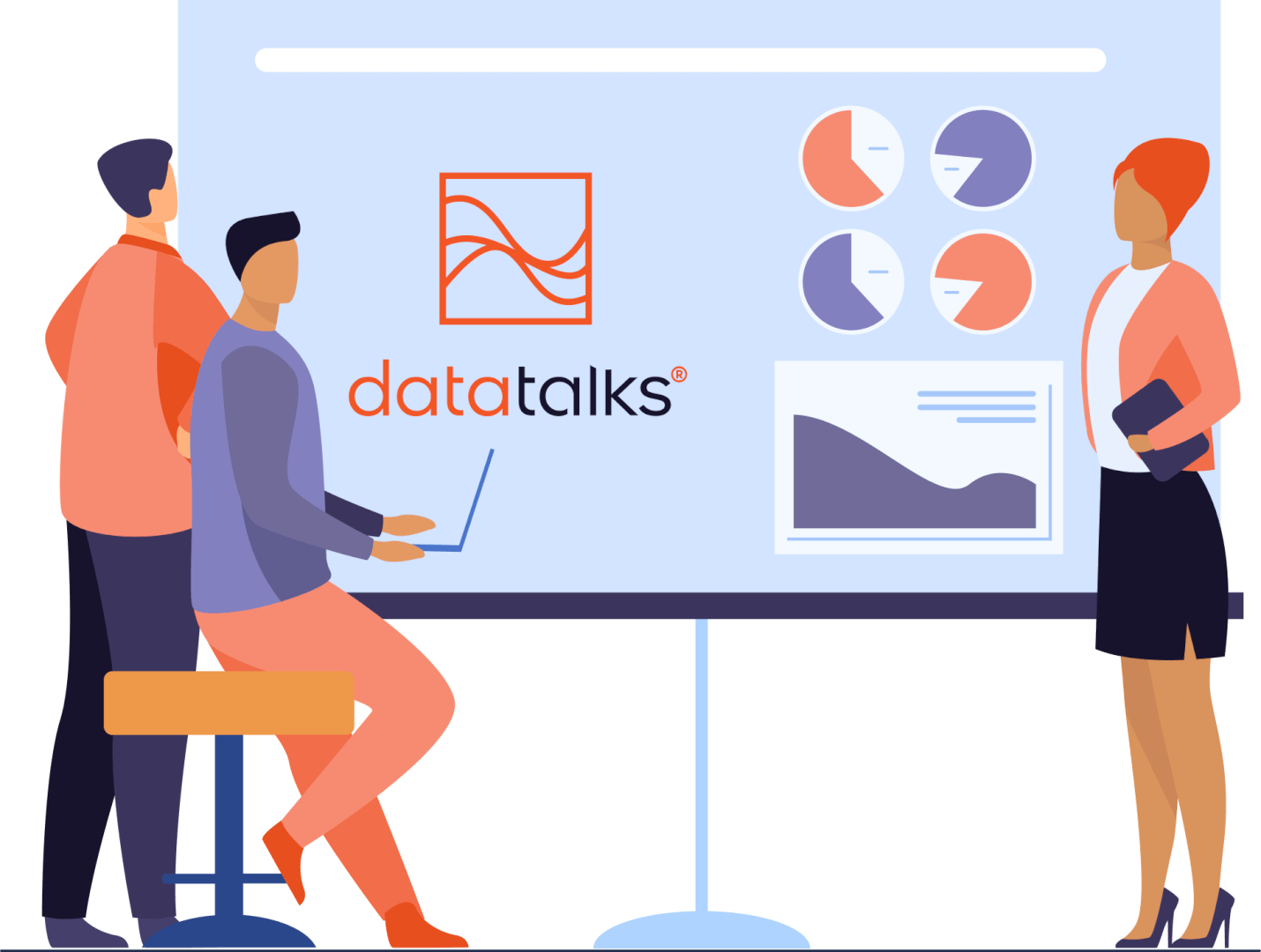 Partnership-Illustration-01 Three people having a meeting about data talks