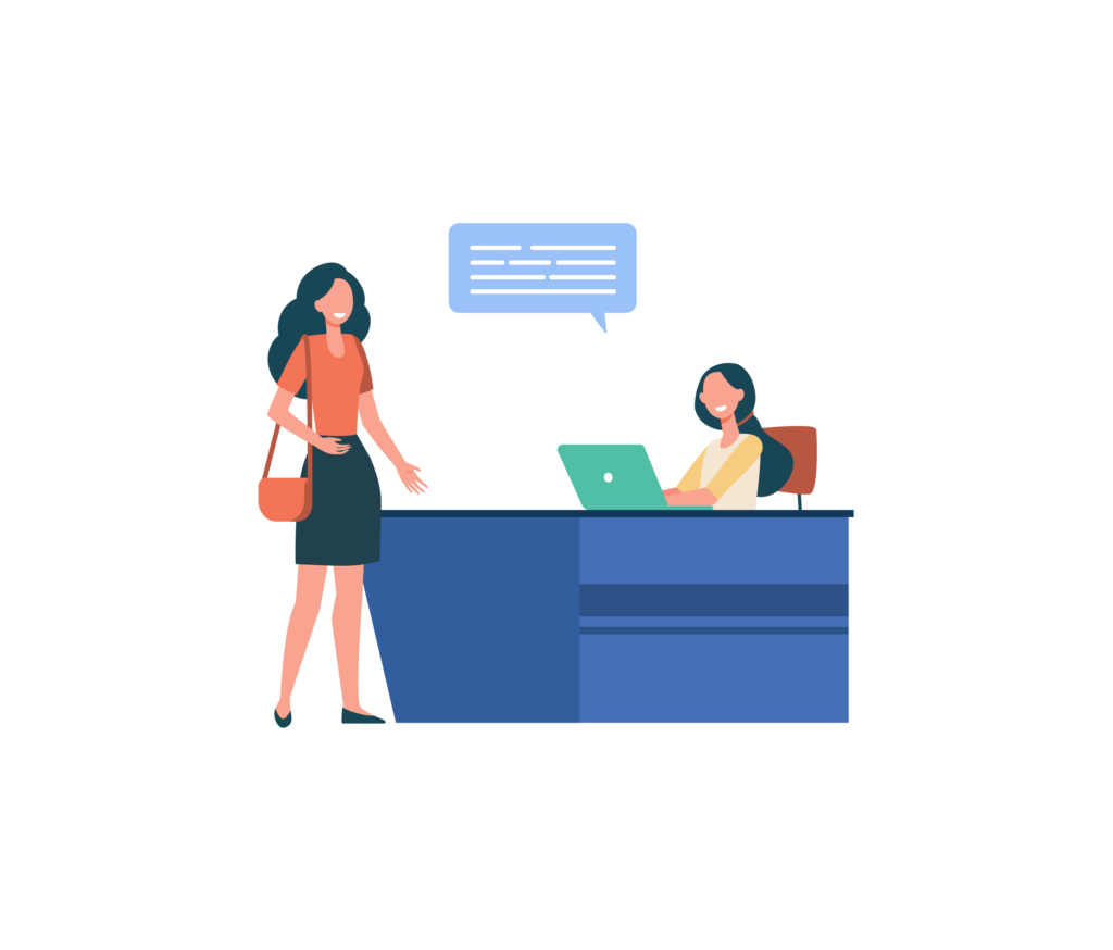 Illustration of two women talking, one standing up and the other one sitting behind her desk