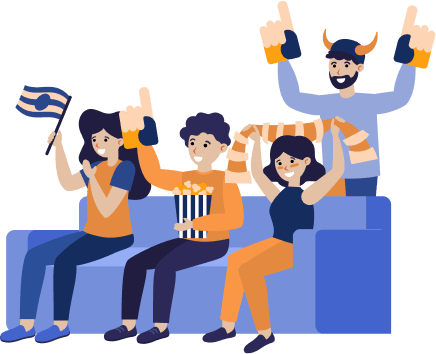 A group of people cheering on a game in a sofa