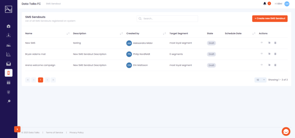 SMS sendout feature List Data Talks