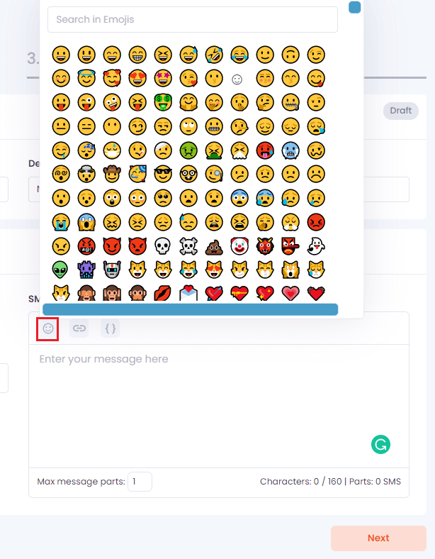 SMS sendout feature choose from a range of emojis