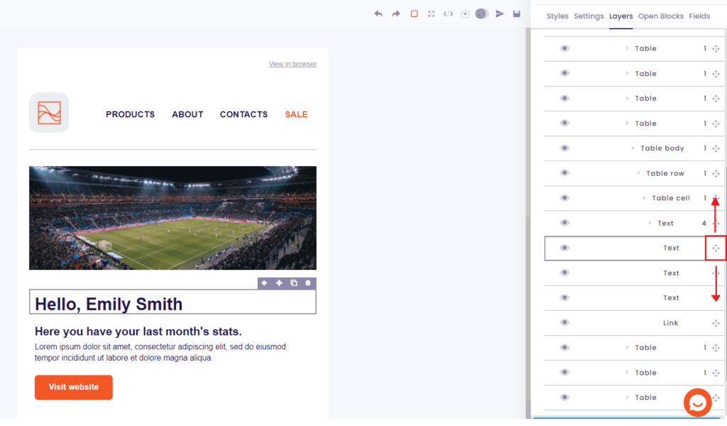 Email Builder Data Talks, move elements using the icon in the tab in the email template