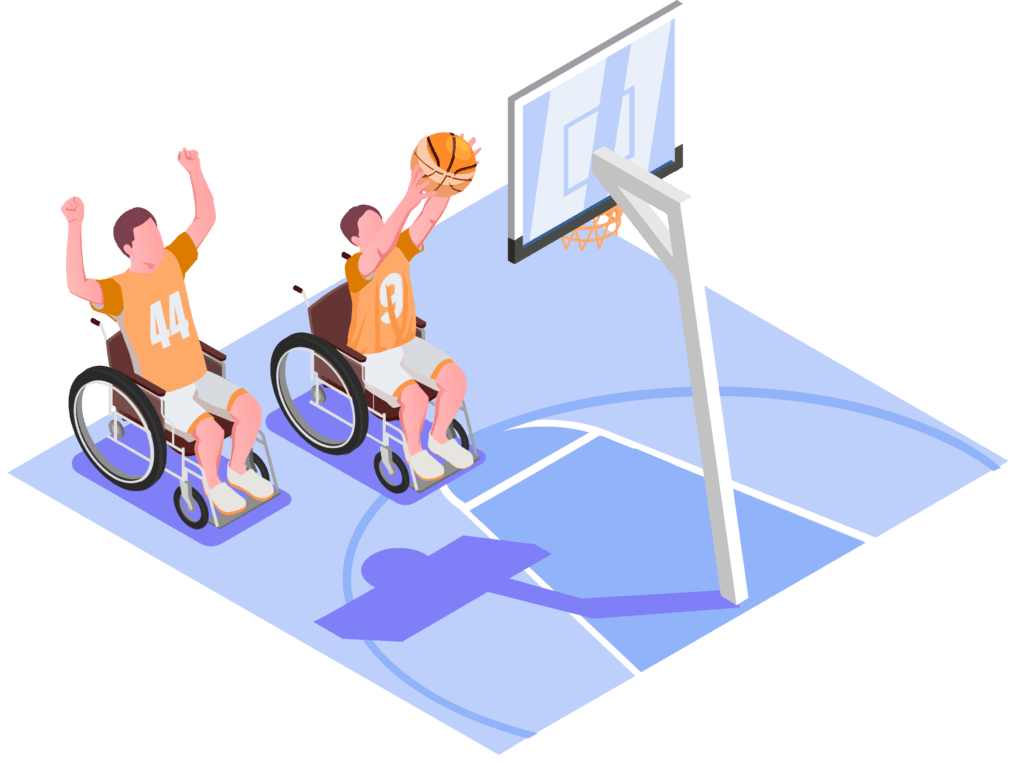 An illustration of two basketball players who use wheelchairs shooting a shot at the basket that show the power of sustainablility in sports