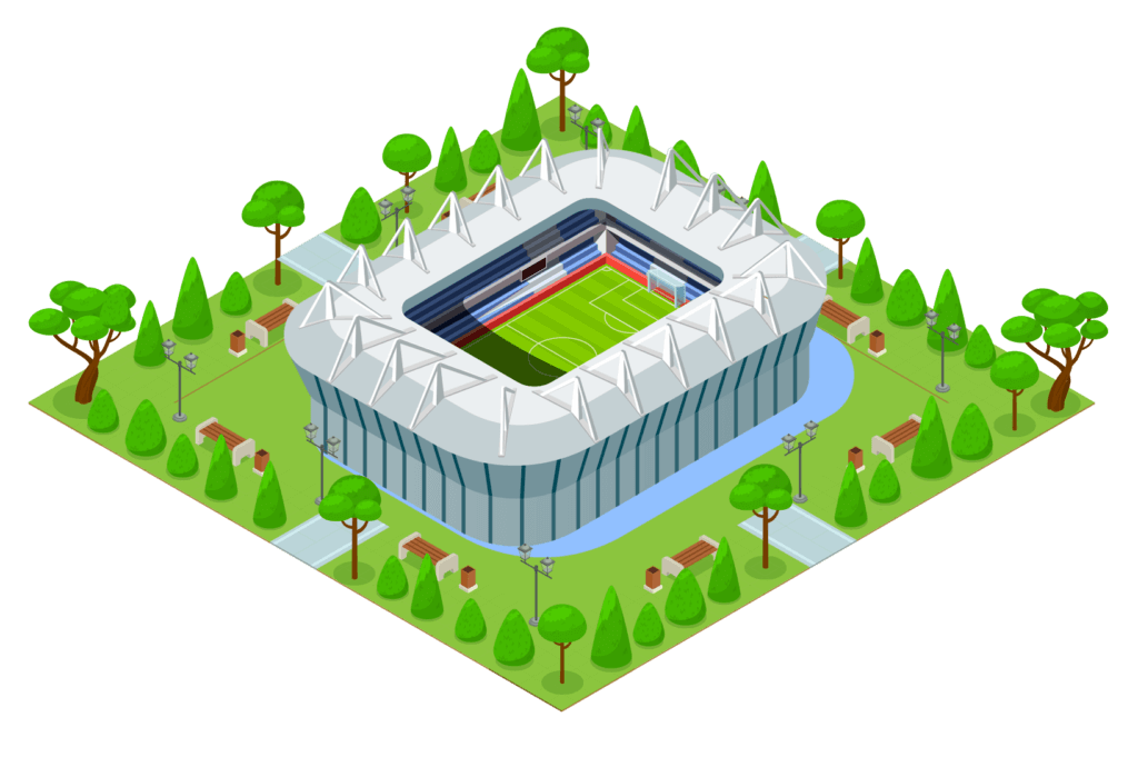An illustration of a stadium surrounded by greenery