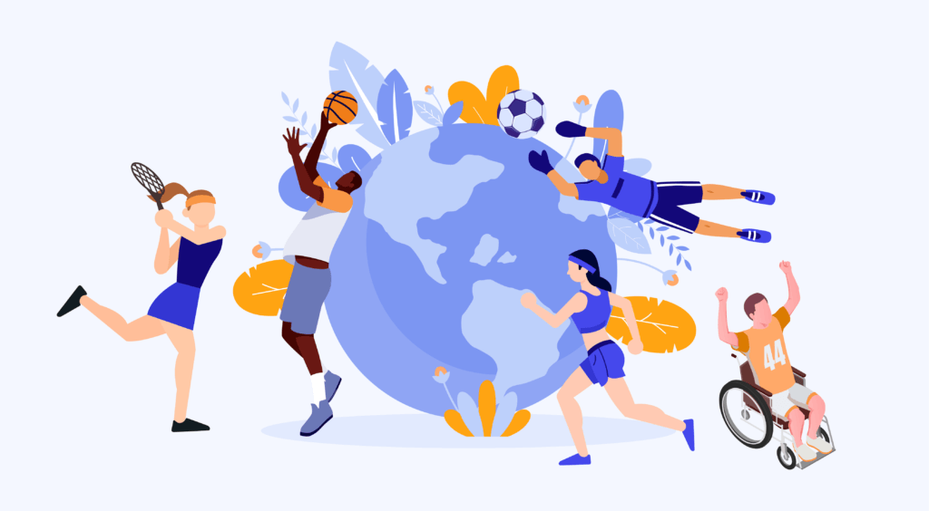Different sports players from different sports, backgrounds, races and abilities playing around a globe that represents the world to show the poer of sustainability in sports