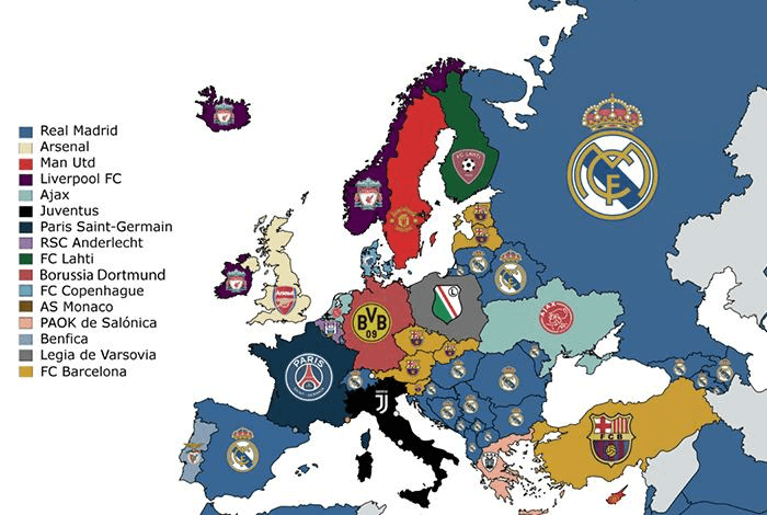 A map of europe and football teams from each country