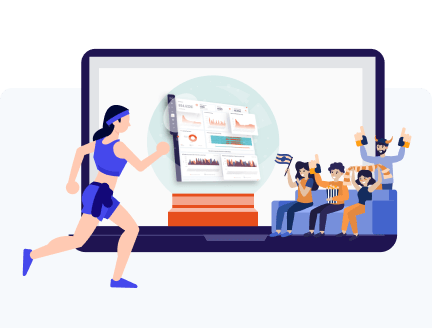 A woman joggin by a sofa with people cheering in front of a 3D chart from Data Talks Sports CDP interface showing the different product features