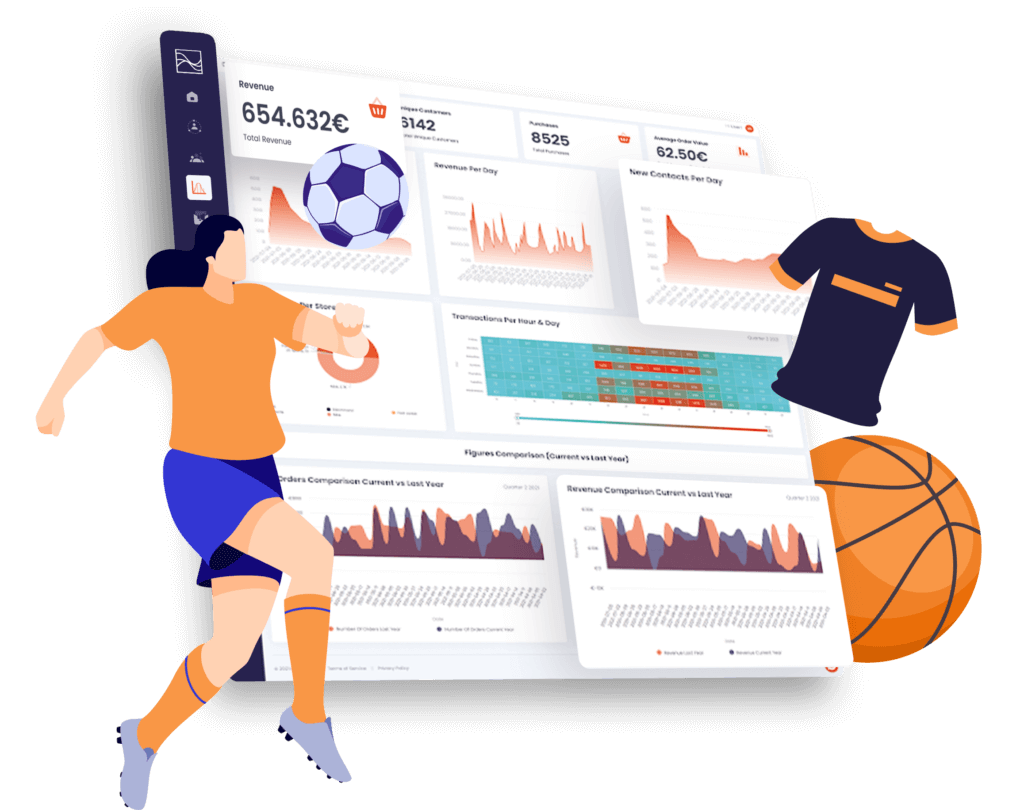 A woman kicking a football in front of a 3D chart from Data Talks Sports CDP interface showing the different product features