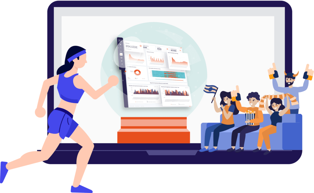 A woman joggin by a sofa with people cheering in front of a 3D chart from Data Talks Sports CDP interface showing the different product features