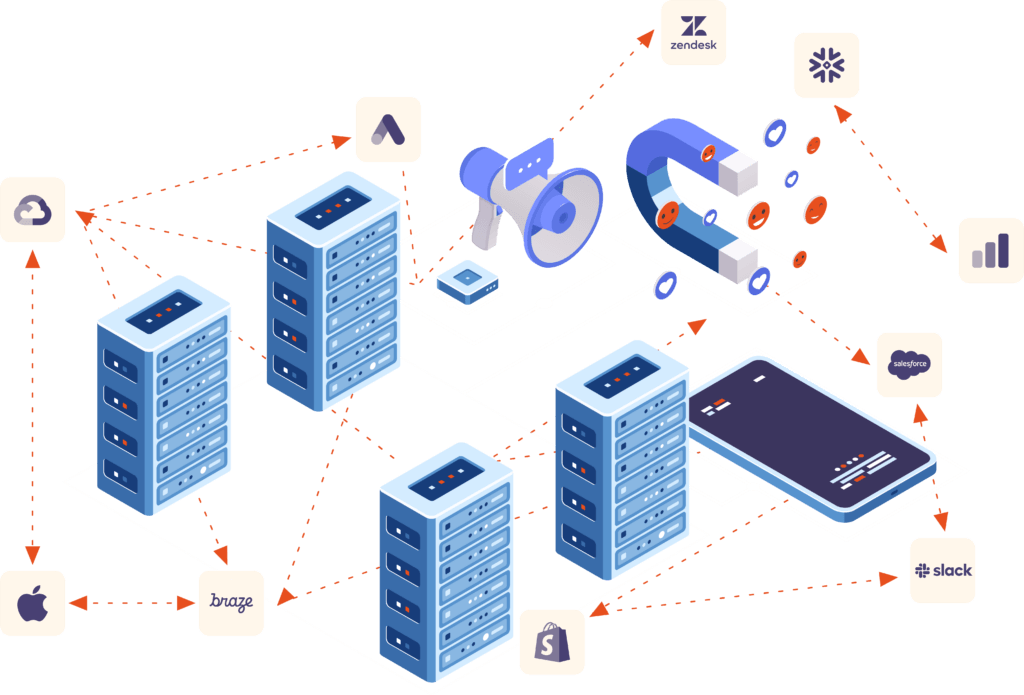 Server stacks, phone, megaphone and a magnet all connected to each other