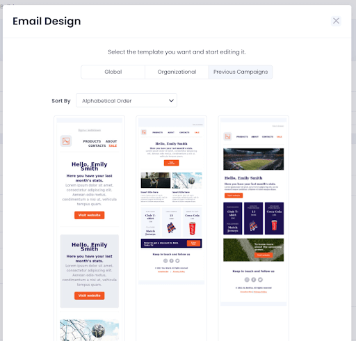Email design overview in Data Talks Sports CDP interface, preview of a email design in Set up your account guide