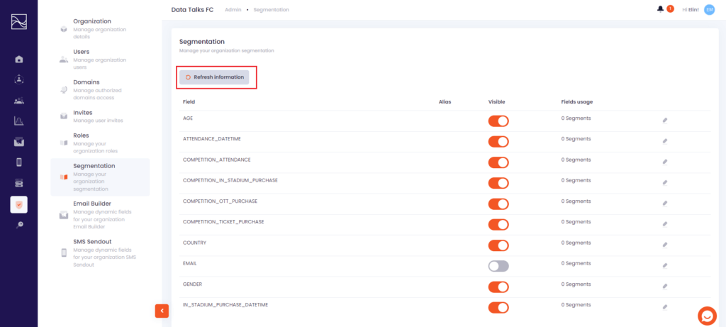 A snapshot of Data Talks Sports CDP Segment builder showing the new refresh button