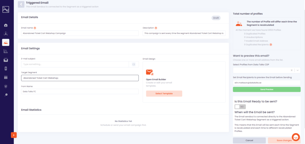 A snapshot of Data Talks Sports CDP showing how to create triggered messaging in the interface