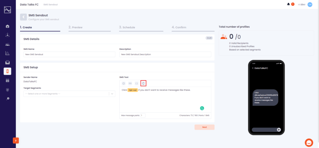 Preview over a SMS campaing with instructions on how to add a unsibscribe link in tje SMS sendouts in the Set up your account guide