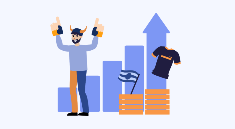 an image of a happy fan standing in front of columns that show an increase in revenue