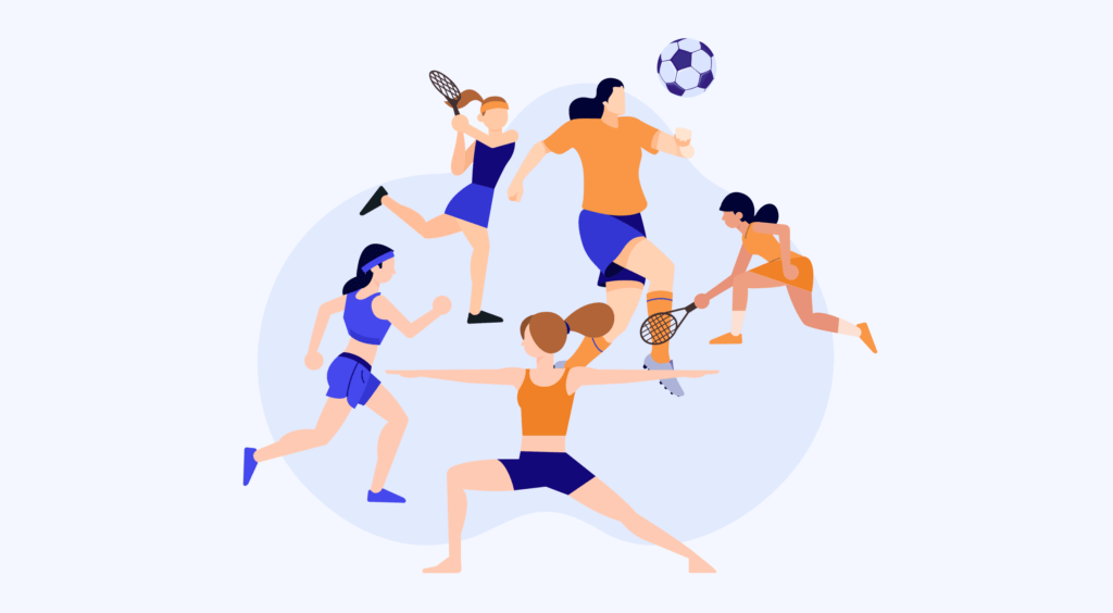 An illustration of women playing different types of sports such as tennis, football and running. This is to show creating tangible value for women's sports is important