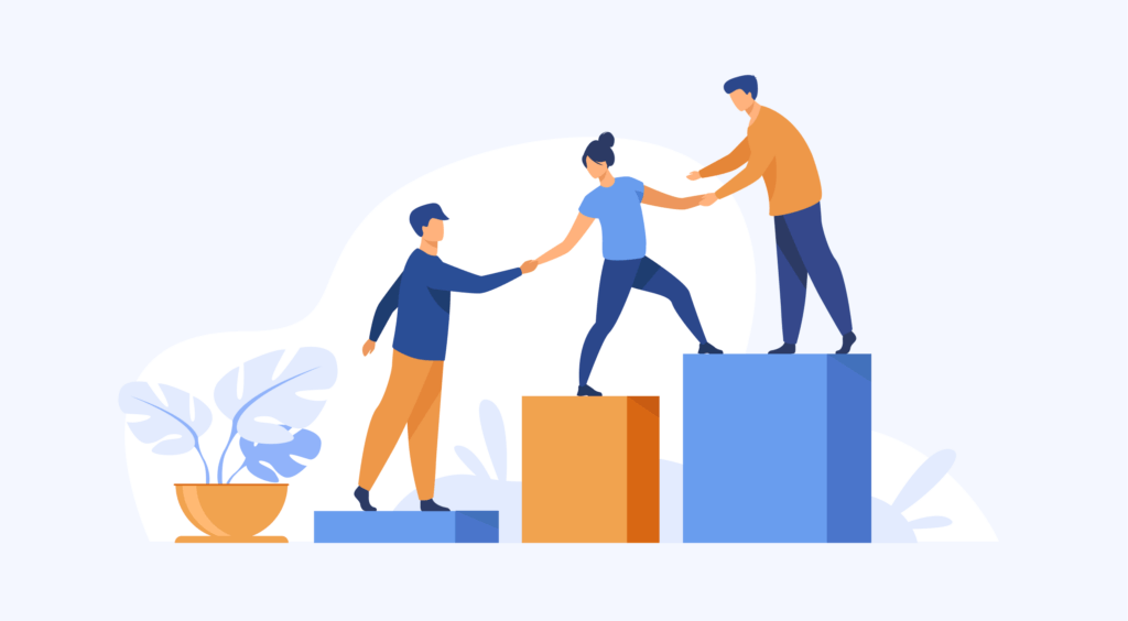 Two men helping a women to climb the gap illustrated as a bar chart