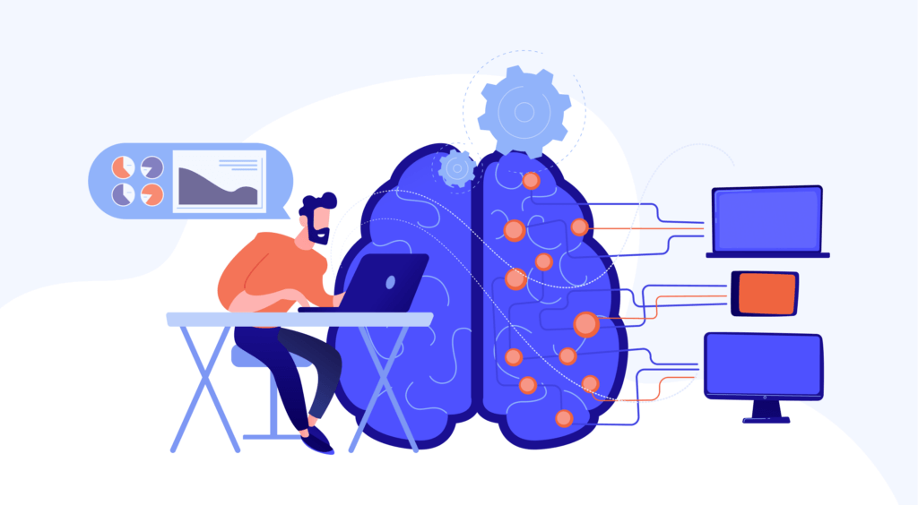 An illustration of a man sitting at his desk, in front of his computer. There is a brain in the background that is connected to different input sources to show the importance of growing a contact database