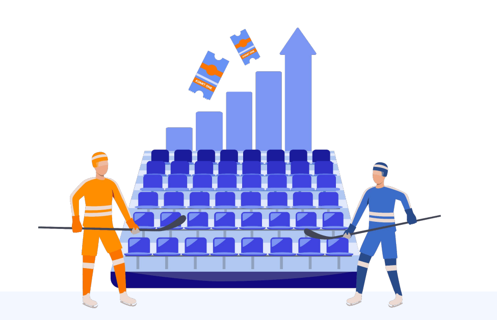 Cartoonstyle image of a yellow and a blue hockey player in front of a blue stadium seating section with ticket sales revenue graph going up
