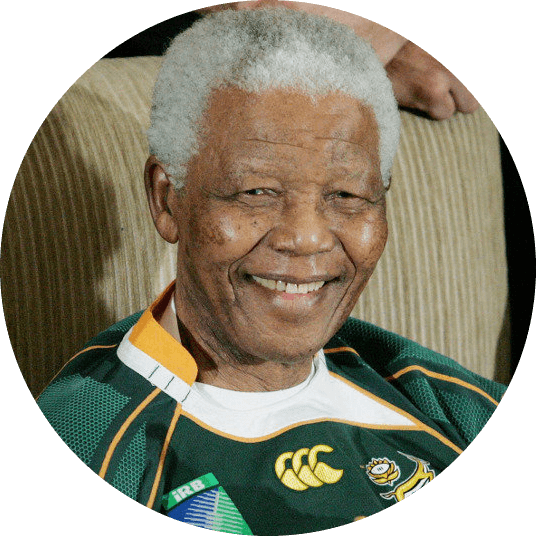 A headshot of Nelson Mandela wearing a rugby jersey