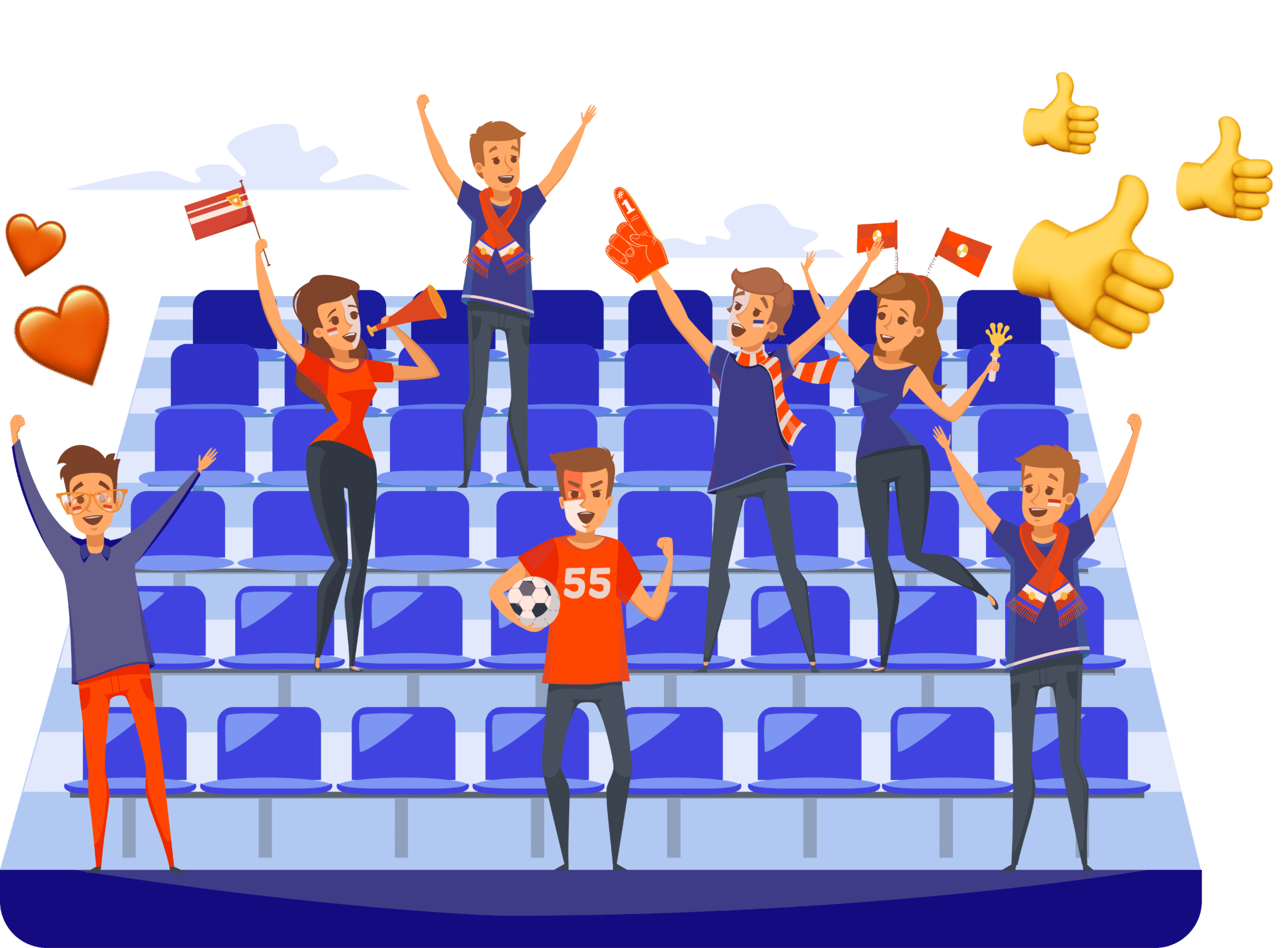 Cartoonstyle illustration of celebrating fans on a stadium seating section