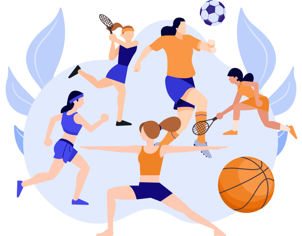 An illustration of women playing different types of sports such as tennis, football and running. This is to show creating tangible value for women's sports is important